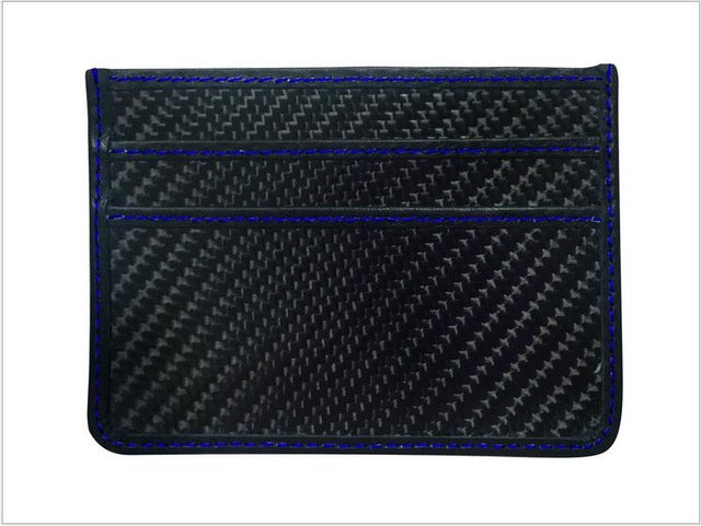 blue stitching black carbon fiber wallet