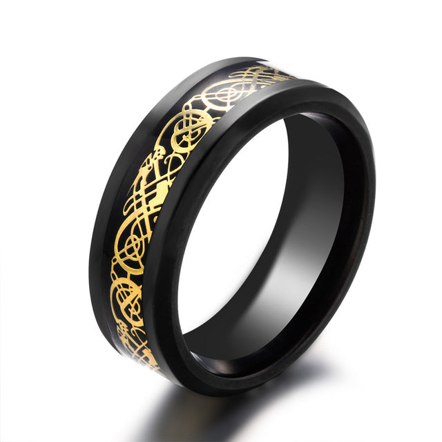 Black stainless steel & gold carbon fiber "dragon" ring