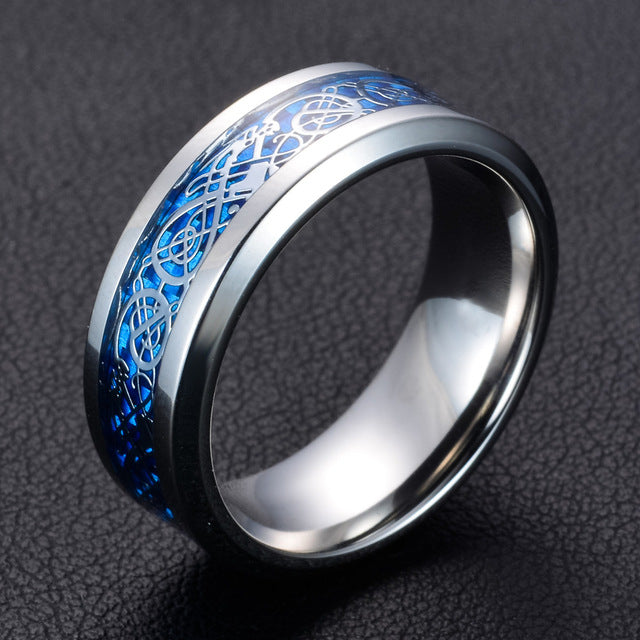 Chrome stainless steel & light blue carbon fiber "dragon" ring