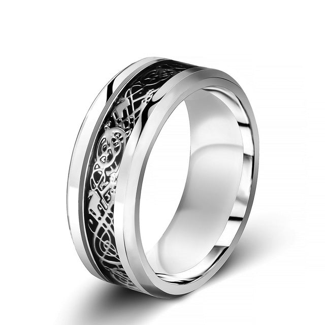 Chrome stainless steel & black carbon fiber "dragon" ring