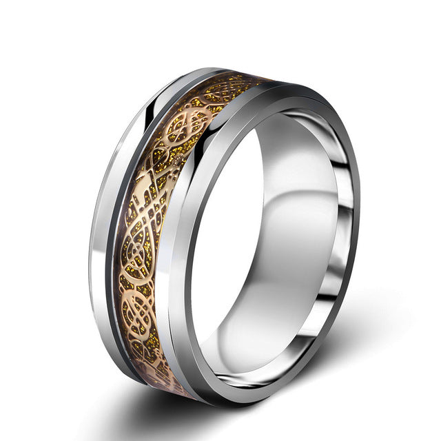 Silver stainless steel & gold carbon fiber "dragon" ring